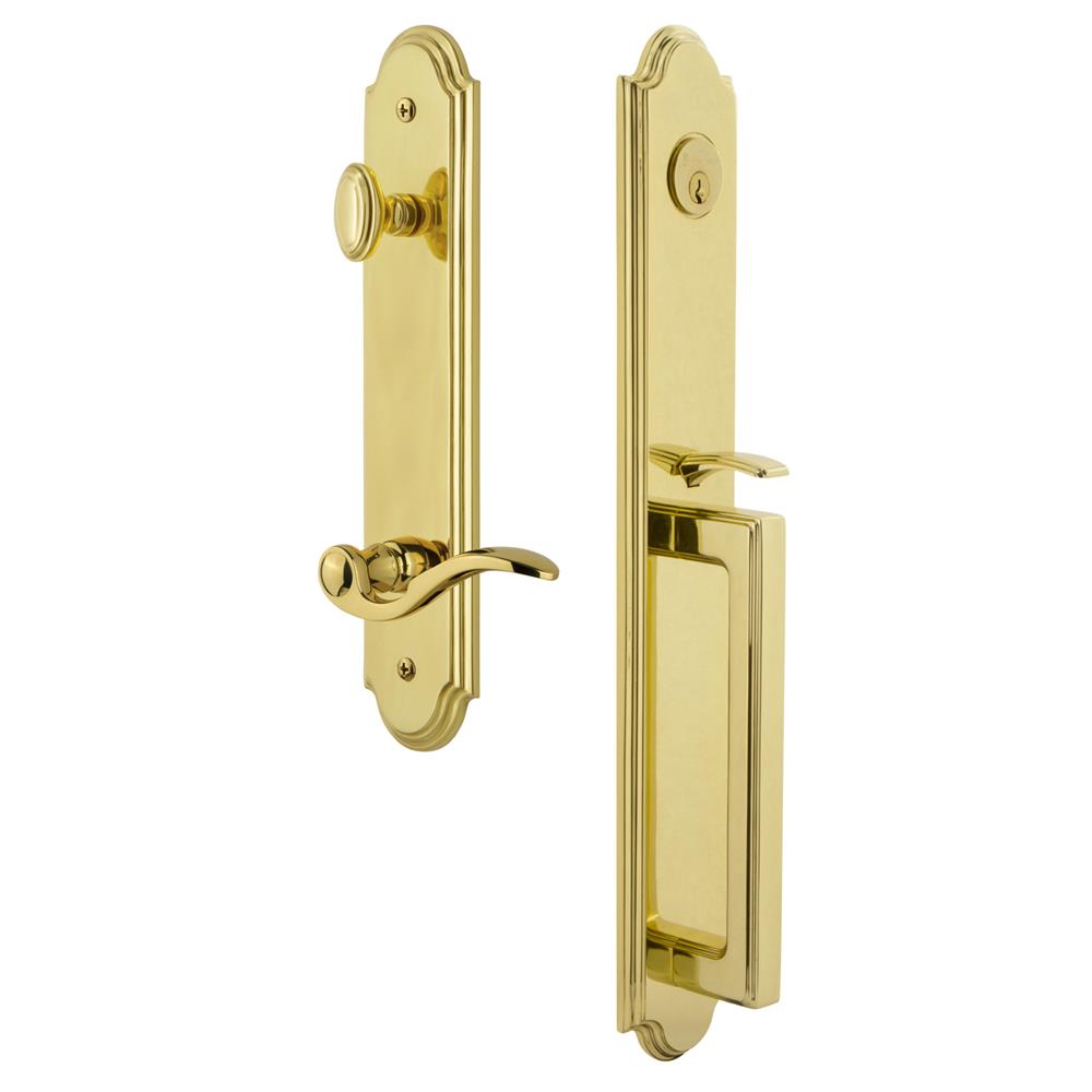 Grandeur by Nostalgic Warehouse ARCDGRBEL Arc One-Piece Handleset with D Grip and Bellagio Lever in Lifetime Brass